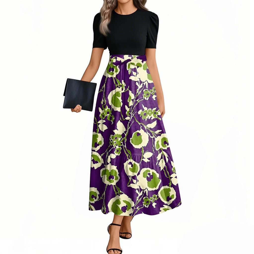 Women's Fashion Casual Belted Round Neck Short Sleeve Floral Patchwork Elegant Dresses