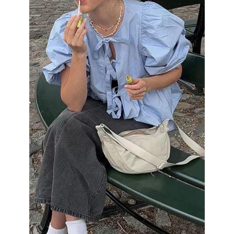 Fashion Wind Summer New Arrival Fashion Wind Lace-up Crew Neck Puff Sleeve Shirt Fashion Sexy Loose Cardigan Top