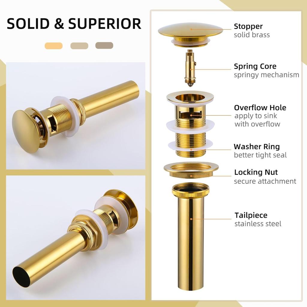 Stainless Steel Brass Kitchen Sink Basin Overflow Waste Drain High-quality Push-Down Pop-Up Feature Easy Tile Insert