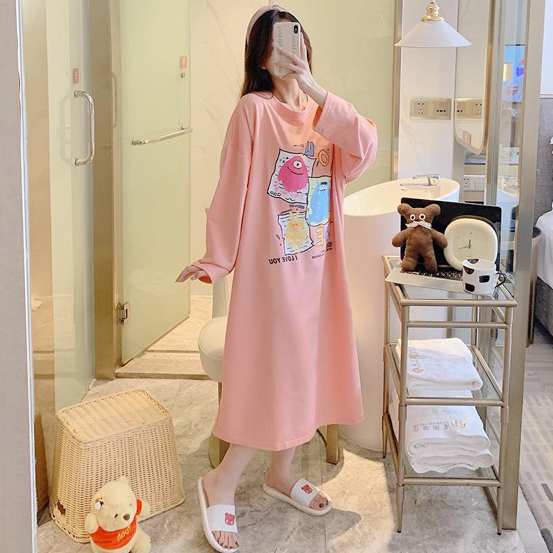 Pijamas bonitos de manga larga para mujer - Primavera/Otoño, Talla grande (Hasta 300 libras), Camisón de Largo Medio