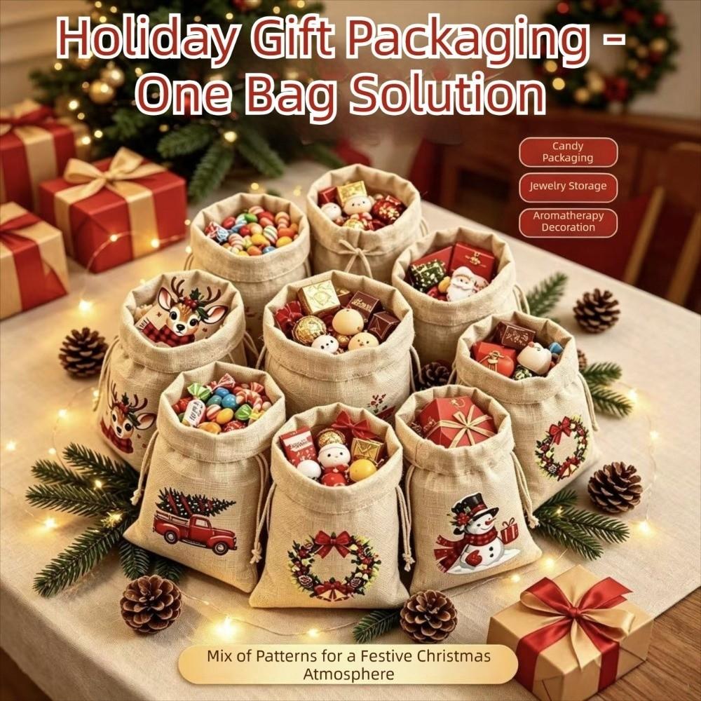 5/12Pcs Linen Style Christmas Drawstring Gift Bags Santa Claus Vintage Snowman Reindeer Sack Red Truck Christmas Tree