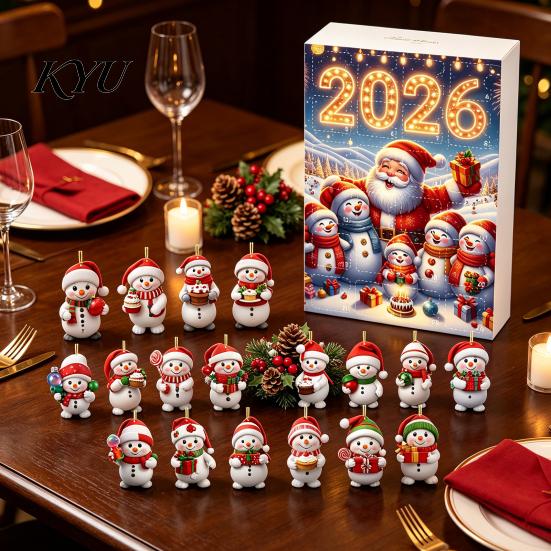 Weihnachts-Adventskalender 2026, Schneemann 24-Tage-Countdown-Box mit Acryl-Aufhänger für Mädchen Jungen Anhänger, Festlicher Baumschmuck, Feiertagsgeschenk Kinder