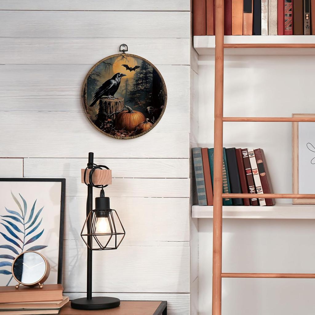 KFXHANGD Halloween Fall Raven Round Wall Art Framed, Gothic Crow Pumpkin Canvas Wall Art Decor, Halloween Fall Hanging Decor for Kitchen Bedroom