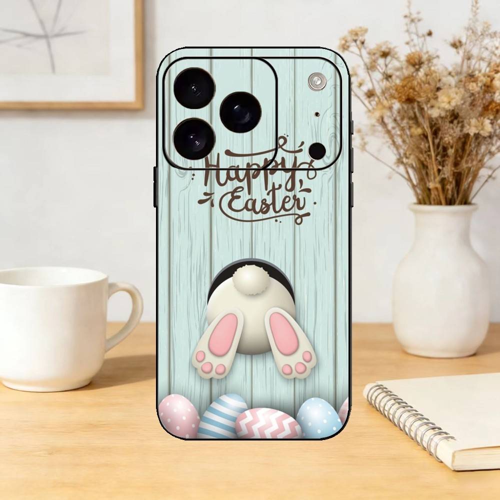 Easter Bunny And Eggs Phone Case For iPhone 17,16,15,14,13,12,11 Plus,Pro Max,SE4Soft Silicone Black Cover