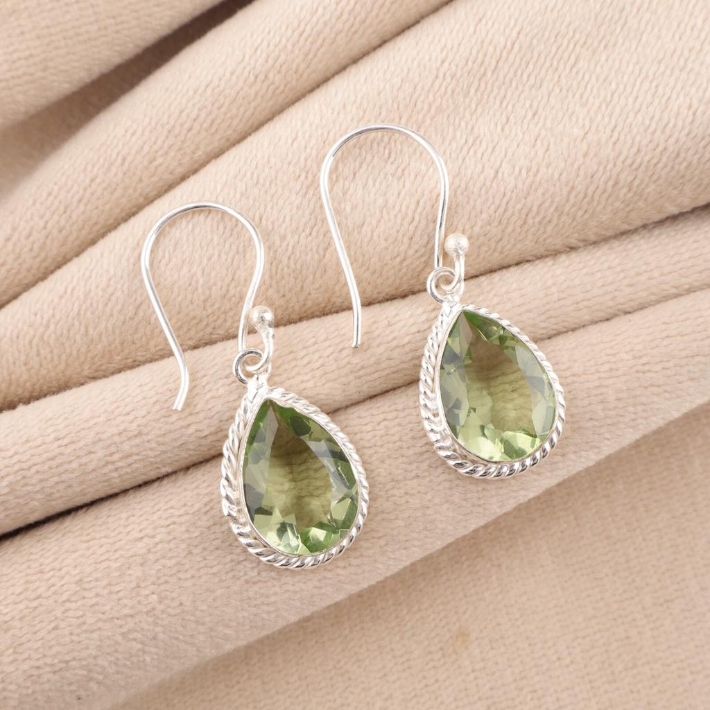 Green Amethyst Gemstone 925 Sterling Silver Jewelry Handcrafted Earrings 1.40" EE-9-38