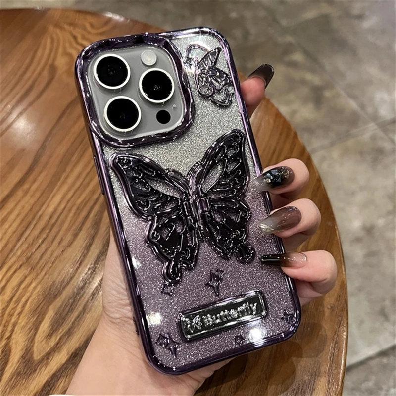 

Роскошный чехол с градиентным цветом и блестящим кронштейном-бабочкой-держателем для iPhone 14 12 13 15 Pro Max, мягкий прозрачный чехол iPhone 14 Pro Max фиолетовый