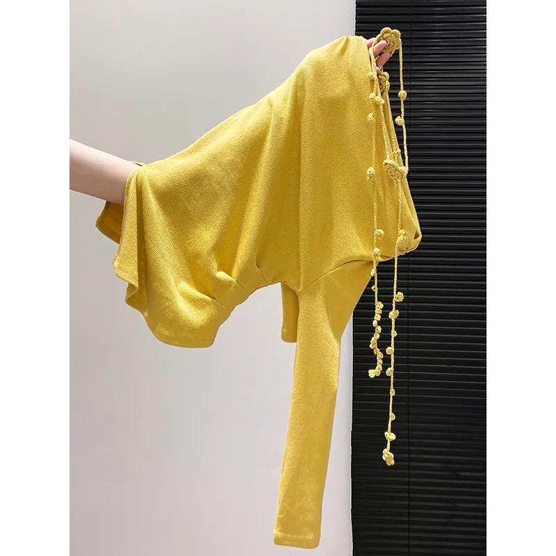 Hot Girl Swing Collar Sloping Shoulder Flower Lace Long Sleeve T-Shirt Women's 2025 Early Autumn New Pleated Waist Bottoming Top