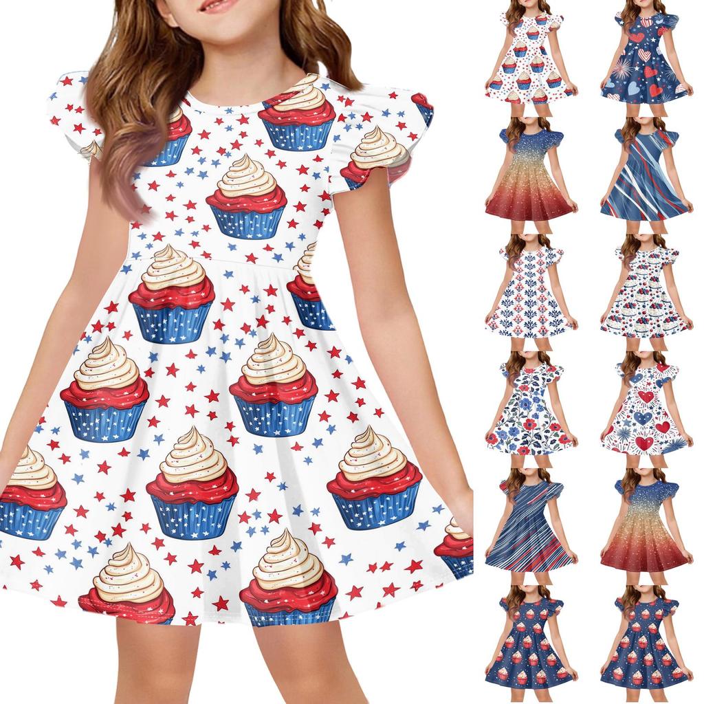 Girls Flutter Sleeve Dress Independence Day Themed Cupcake Print Spliced Skater Dress Toddler Kids Casual Party Dress