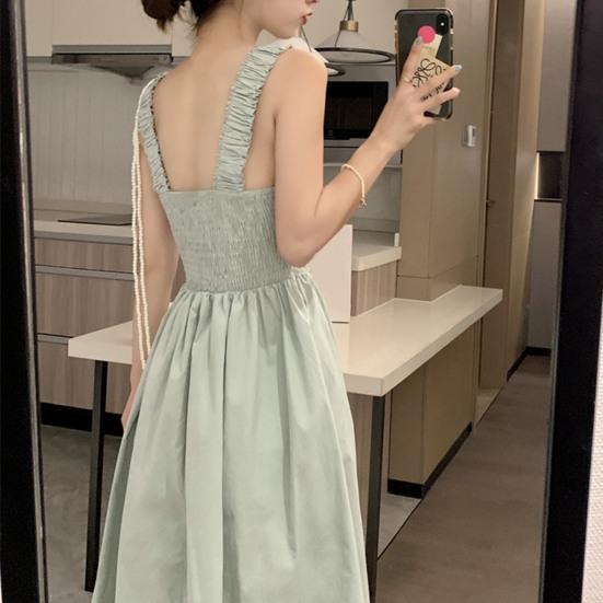 Čtvercový výstřih Bez rukávů Jednobarevné Zúžené v pase Letní šaty Sladké Elastický ramenní popruh Rozšířený velký lem Šaty na ramínka Streetwear