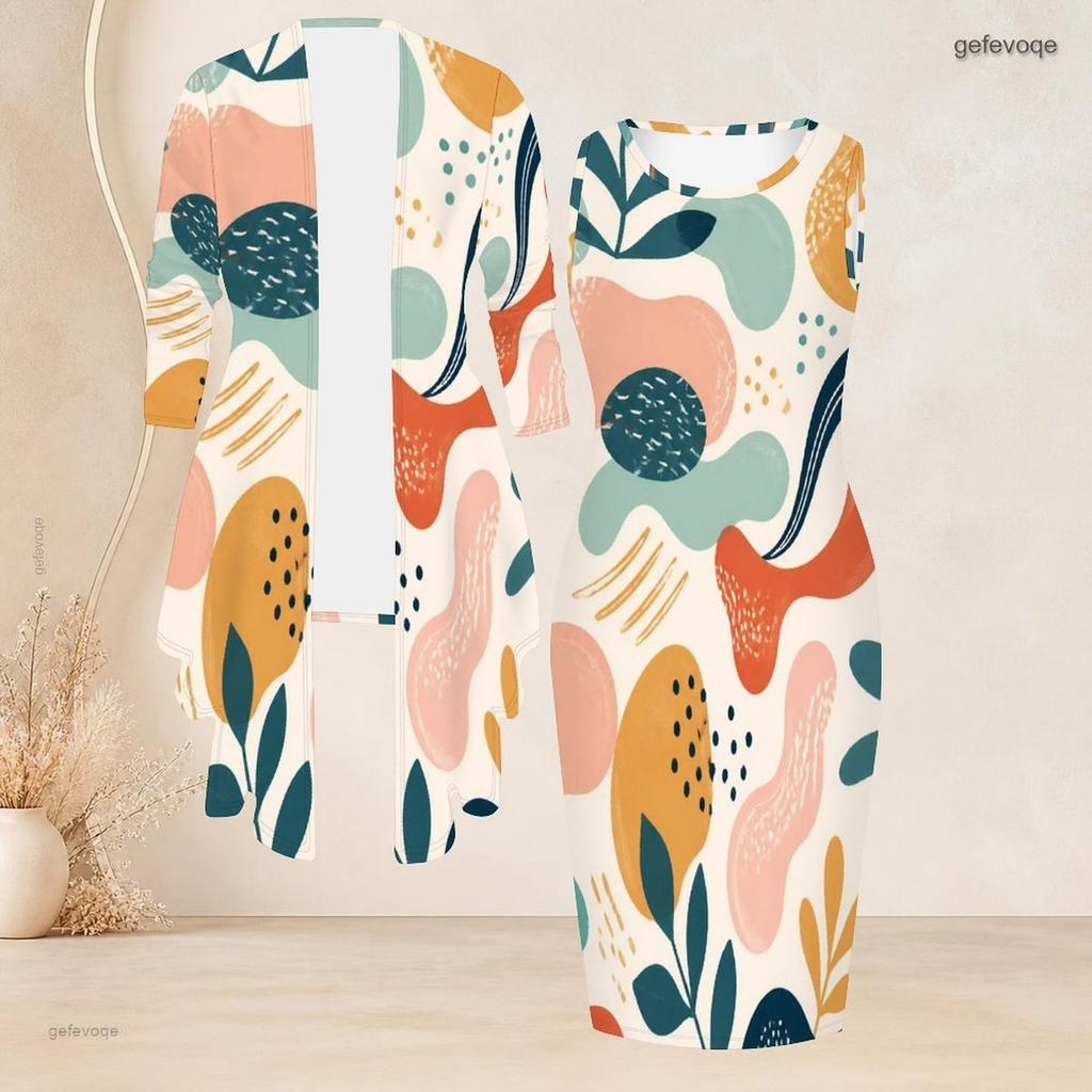Women Plus Size Two Piece Set Abstract Printed Sleeveless Bodycon Dress And Three Quarter Sleeve Cardigan
