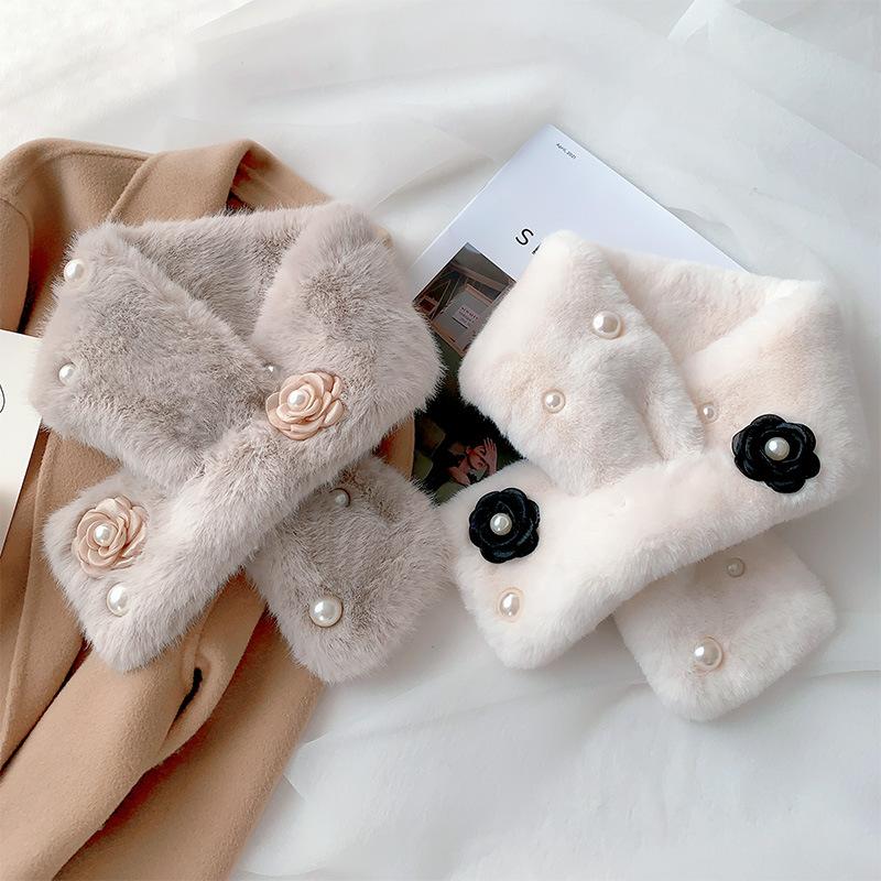 Soft Furry Plaid Scarf Korean Style Label Japanese Autumn and Winter Ins Plush Girl Scarf Imitation Rex Rabbit Fur Thickened