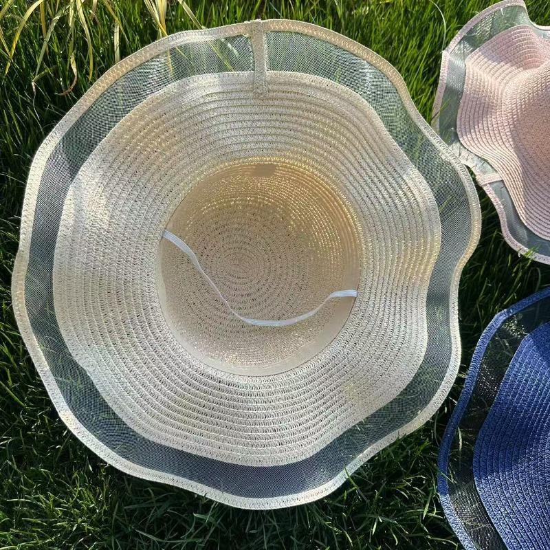 Mesh Wavy Edge Straw Hat Summer Travel Beach Sun Hat Breathable Sunshade Big Eaves Woven DIY Sunscreen Straw Hat