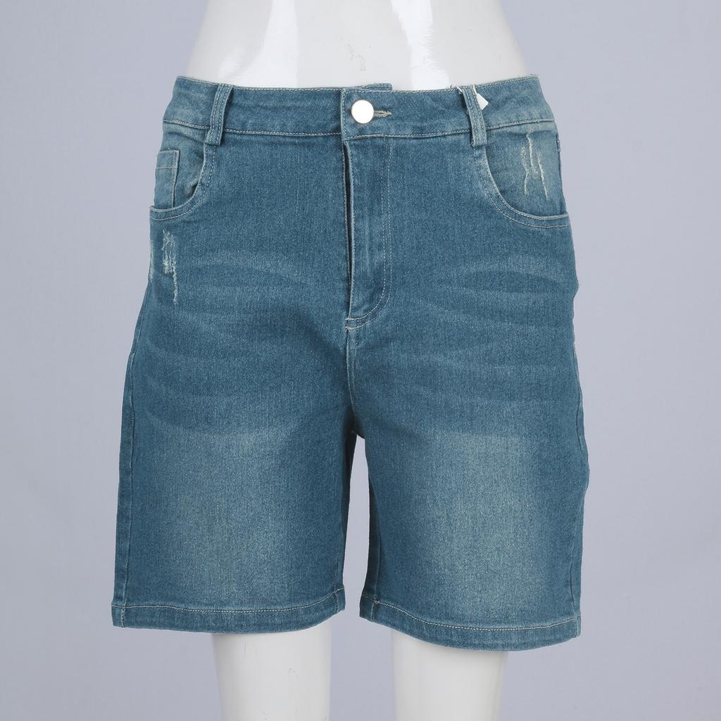 High Waist Elastic Waist Mid Length Shorts-Casual High Waisted Denim Shorts,Stretch Jean Shorts With Adorable Double Pockets