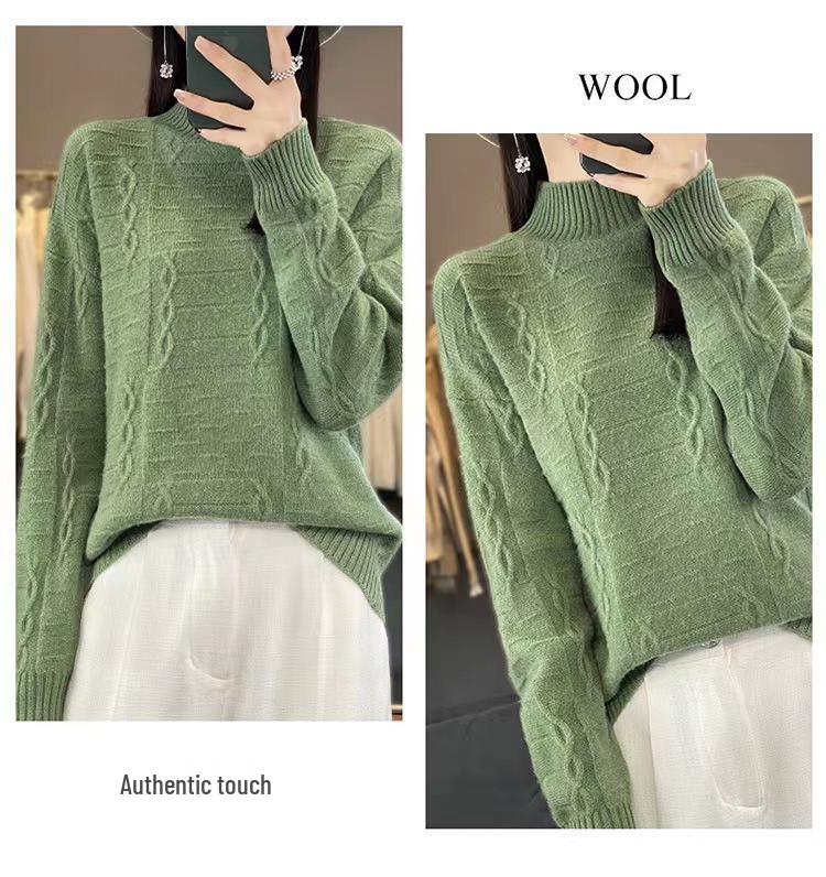 Women's High Neck Wool Sweater - Thick, Loose Knit Top for Autumn/Winter