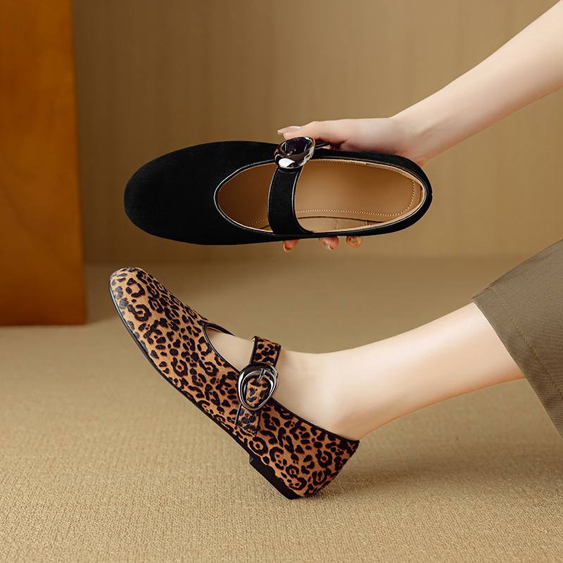 Krazing Pot Piele de Oaie Suedeză Vară Mărimea 40 păr de cal leopard mary janes Tocuri Joase vârf rotund Balerini eleganți decupați