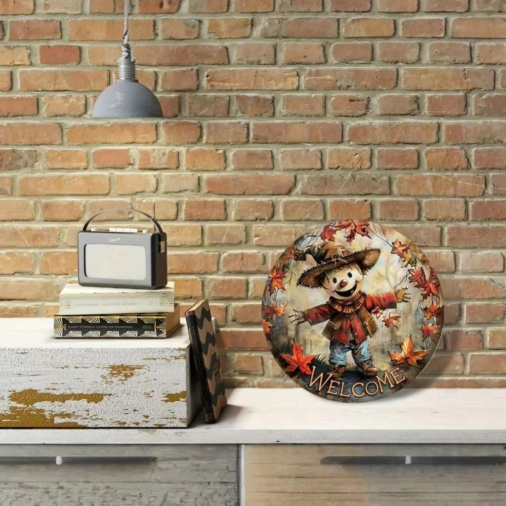 Metal Wall Art 8 Inch Round Scarecrow Welcome Sign Fantasy Decor For Garden Living Room Indoor Outdoor