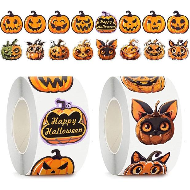 Halloween Stickers for Kids, 1000 Pcs Byhoo Halloween Pumpkin Bat Spider Stickers Roll, 16 Vibrant Colors and Designs, Round Seal Label Stickers,