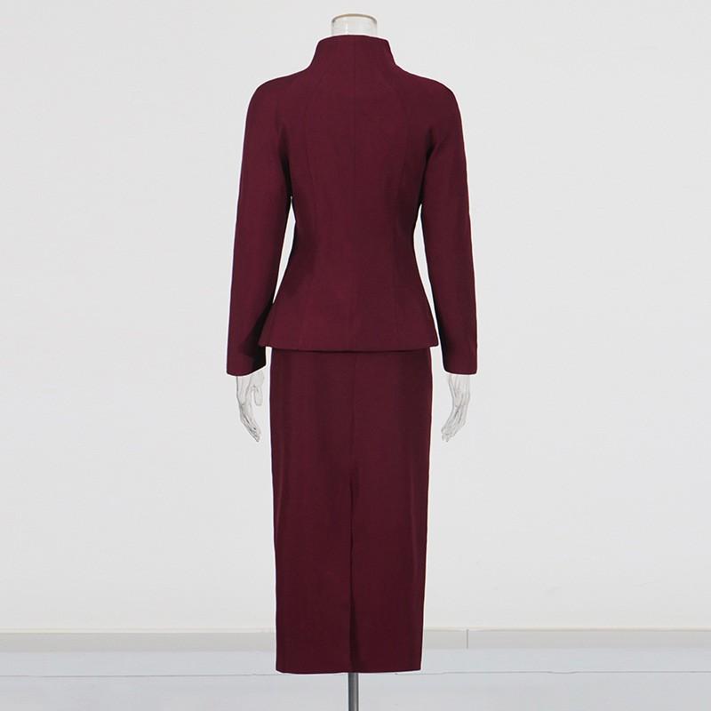 French Retro Elegant Style Suit Standing Collar Waist Invisible Hook Button Coat High Skirt Women's