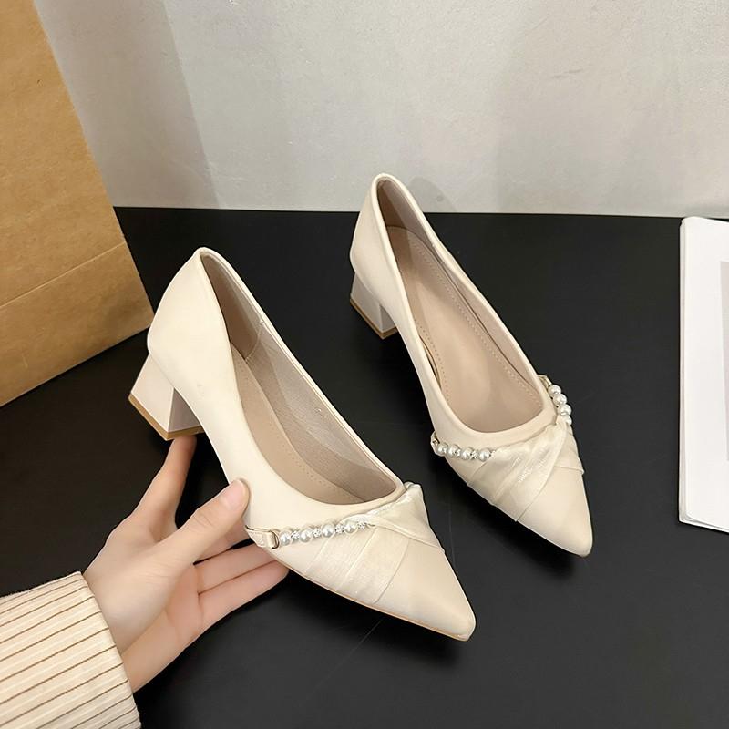 Fashion Fashion Pointed Pearl High Heels Shoes Women White Wedding Shoes Thick High Heels Party Pumps Woman Footwear Zapatos De Mujer