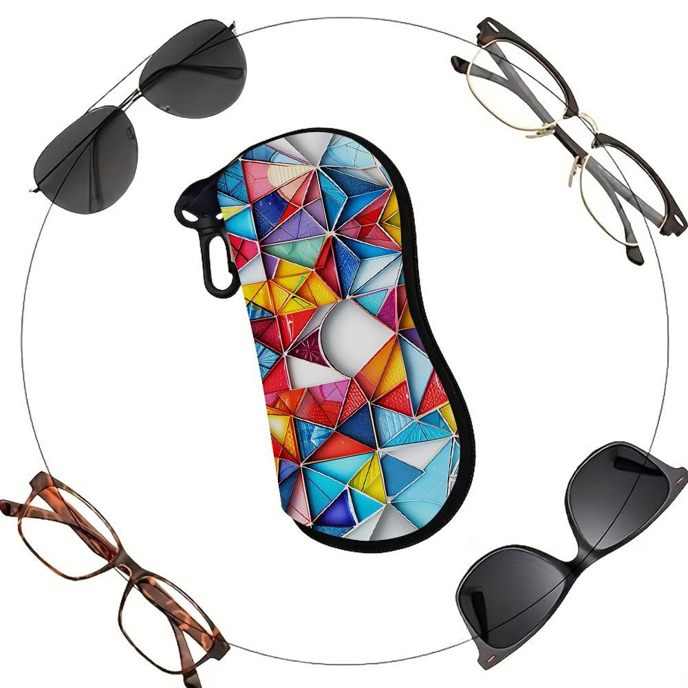 2D-Colorful Geometric Stained Glass Pattern Sunglasses Case,Zipper Eyeglasses Case, Vibrant Mosaic Art Travel Eyewear Holder, Stylish Unisex Gift