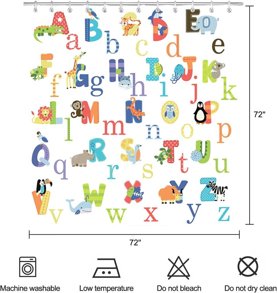 Kids Abc Animal Alphabet Shower Curtain With Educational Learning Pattern,Waterproof Polyester Fabric For Toddler Bathroom Decor