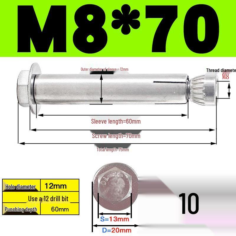 Stainless Steel Expansion Screw: Hexagonal Head with Internal Expansion (304/201), Sizes M6, M8, M10, M12.