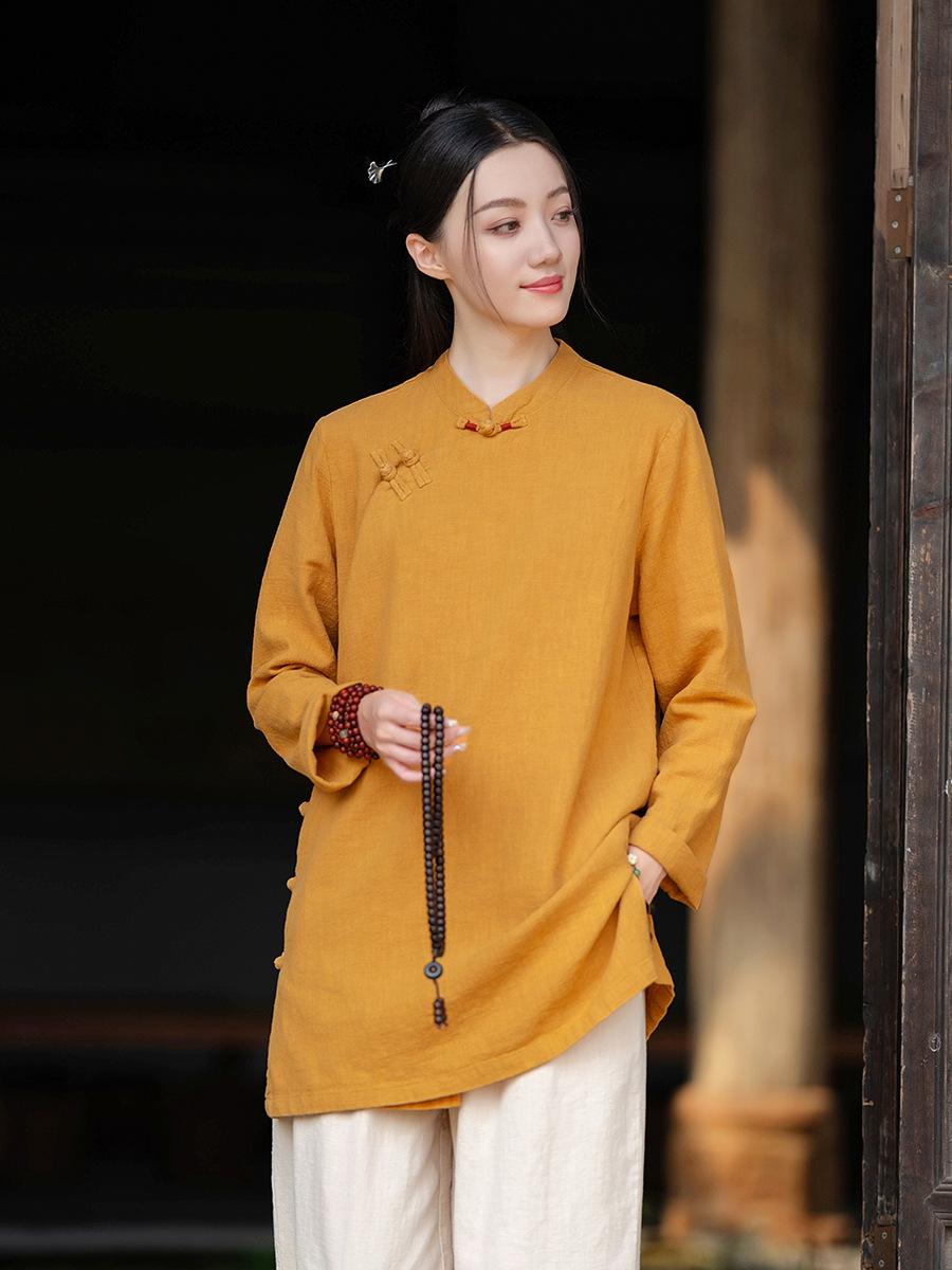 

Johnature Women Shirts Vintage Blouses Spring Chinese Style Solid Color Tops Stand Long Sleeve Button Shirts One Size жовтий