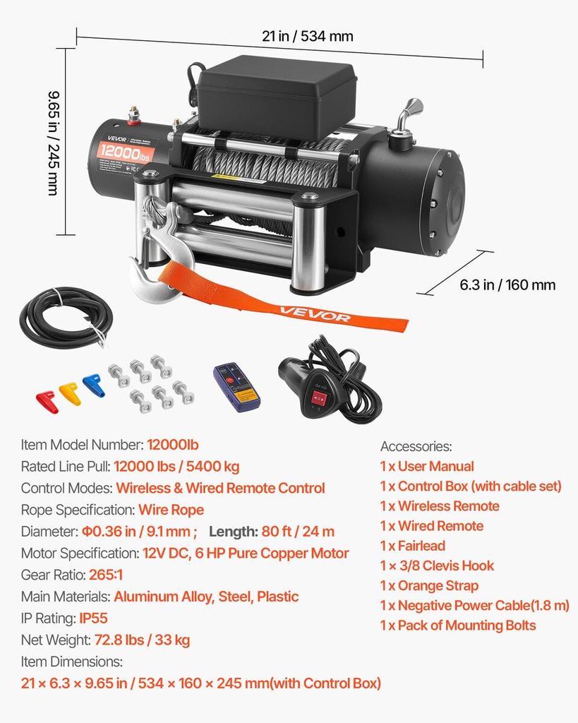 Electric Winch, 5400 kg Load Capacity, 12V DC Truck Winch with 9.1 mm x 24 m Steel Rope, Wireless & Wired Remote Control, IP55 Waterproof for Towing