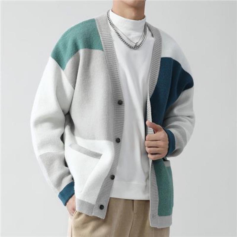 Мужской модный вязаный кардиган 2024 Свитшот в стиле стритстайл с длинным рукавом и вставками 4XL 3959₽