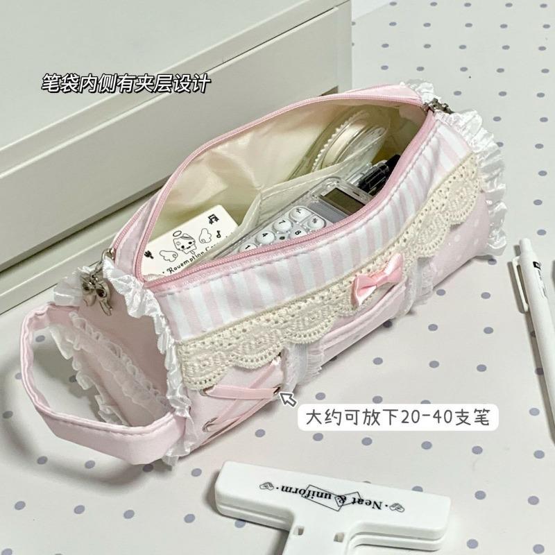 Estuche de Lápices Impermeable para Estudiantes de Gran Capacidad con Adorno de Encaje Rosa