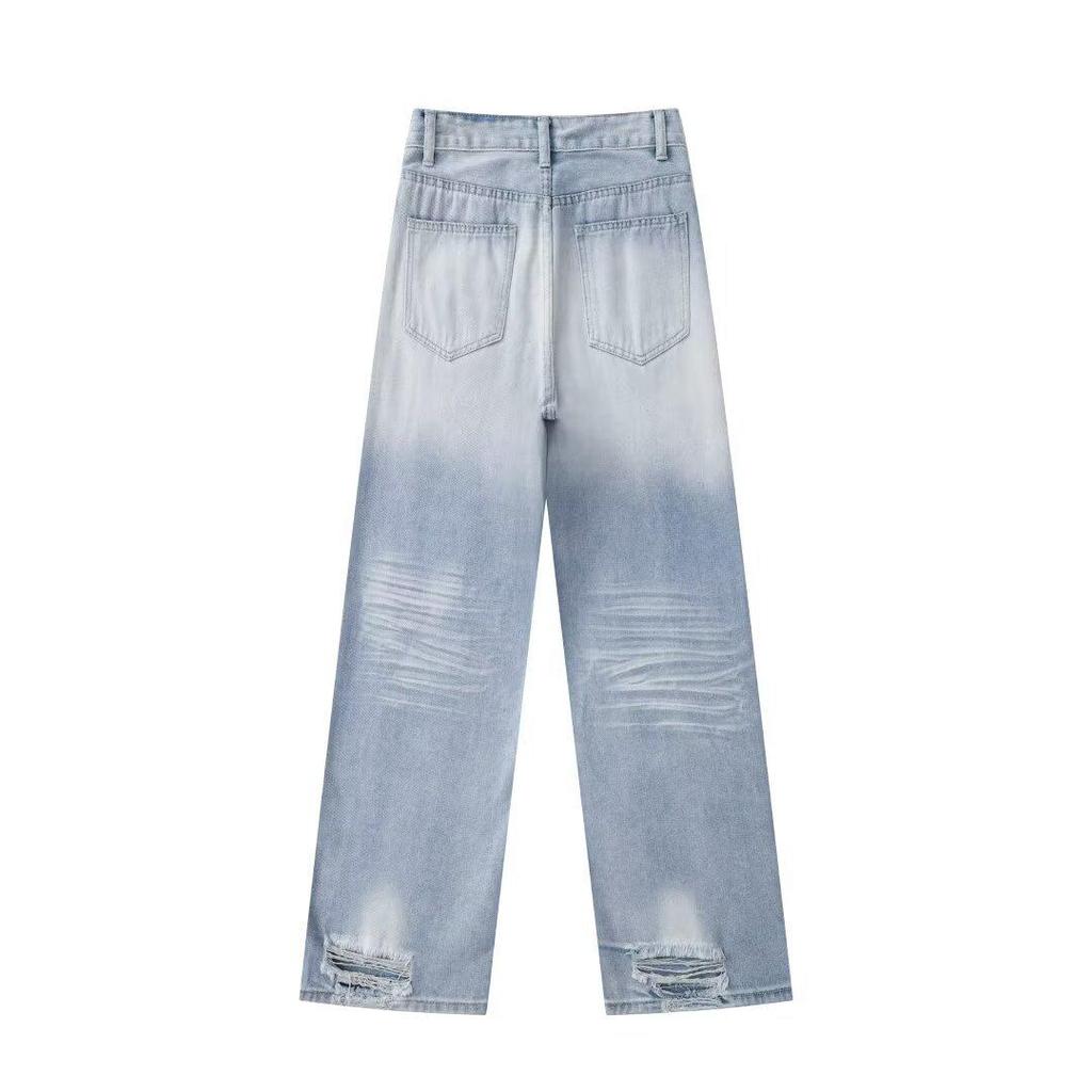 Women's Retro High-Waist Washed Blue Wide-Leg Jeans – Summer 2024 Floor-Length Loose Fit.