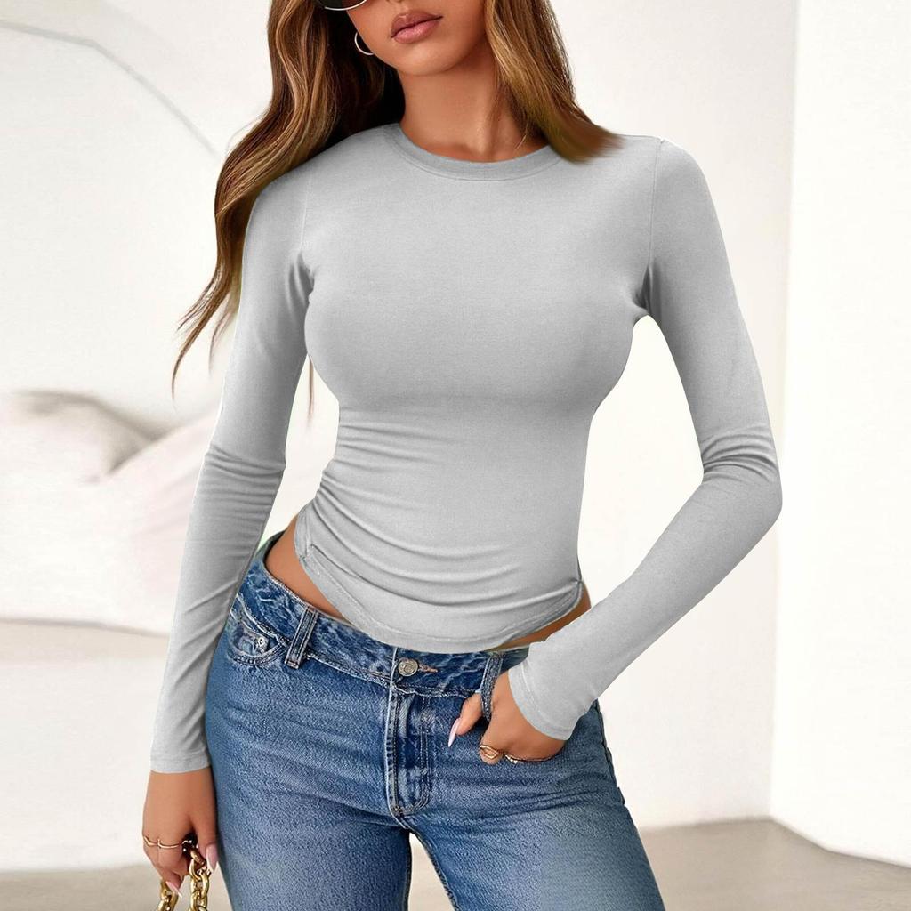 Damenmode Farbe Rundhals Langarm T-Shirt Top