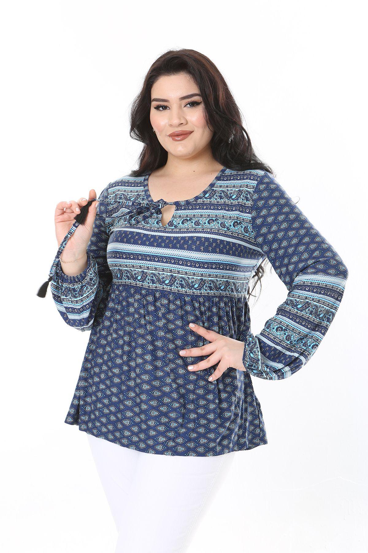 

Women s Big Size Blouse Plus Size Blue Kiss Collar Waist Elastic Detailed Blouse L/XL