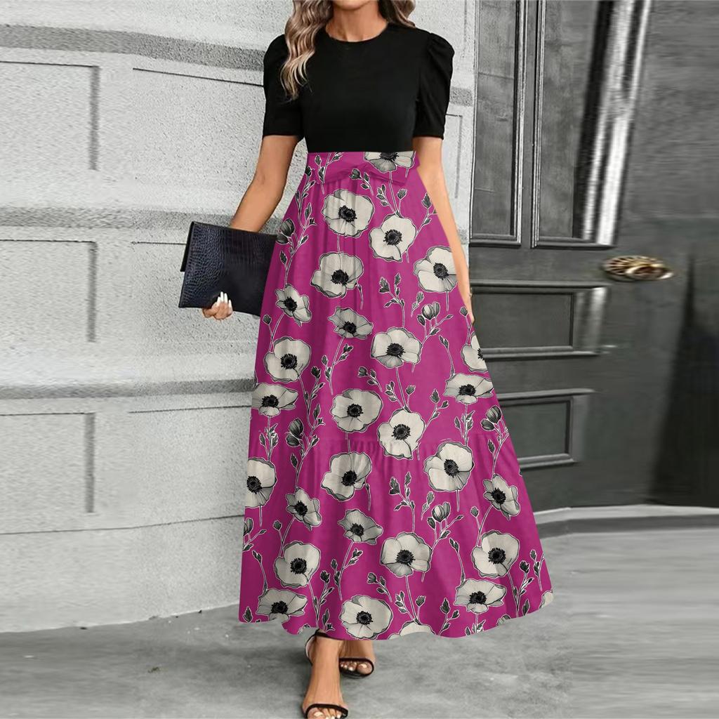 Women's Fashionable Casual Belt Short Sleeved Round Neck Print Elegant Temperament Dress