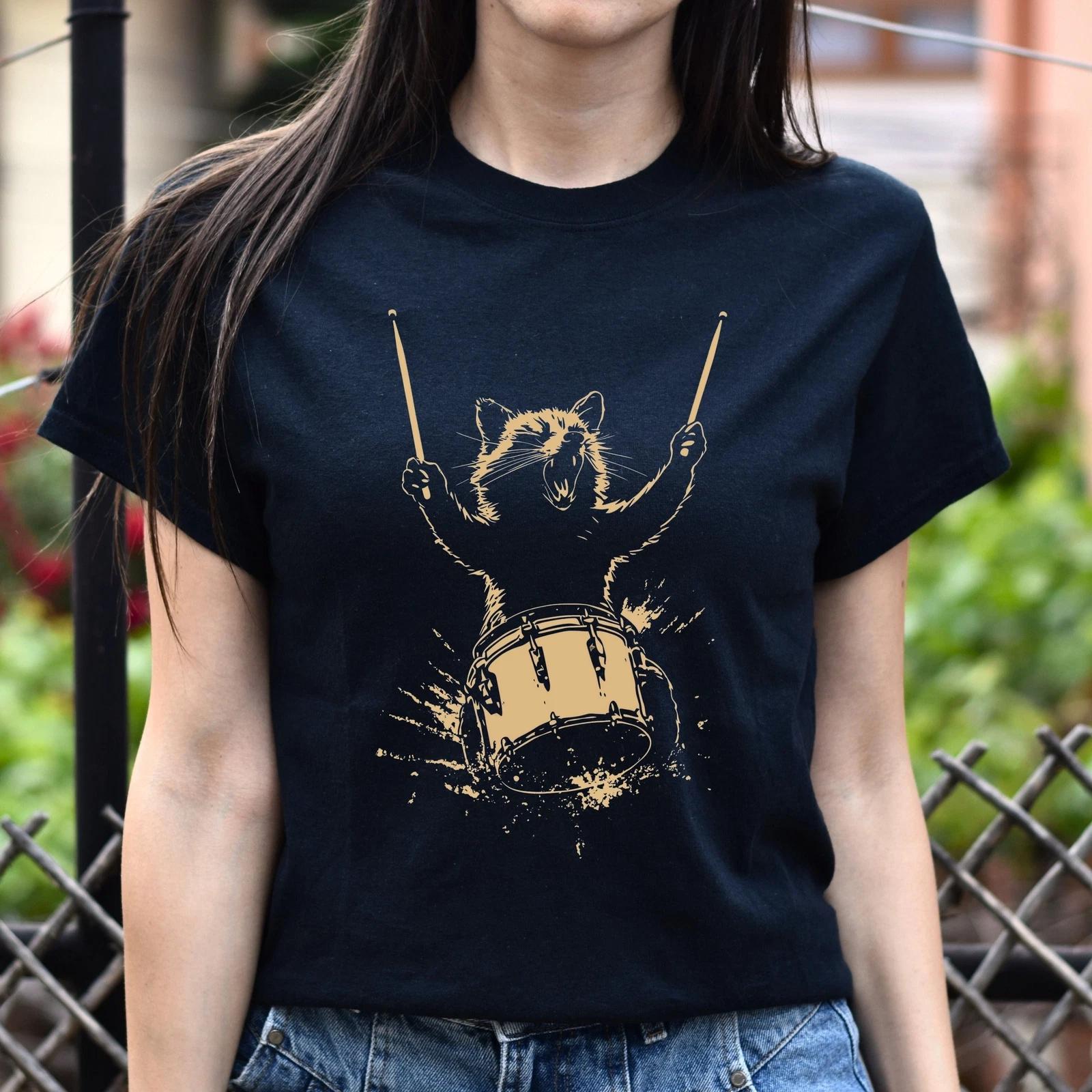 Humorous Raccoon Drummer Unisex T-Shirt gift Music Lover Cat Drummer tee Black n 2XL