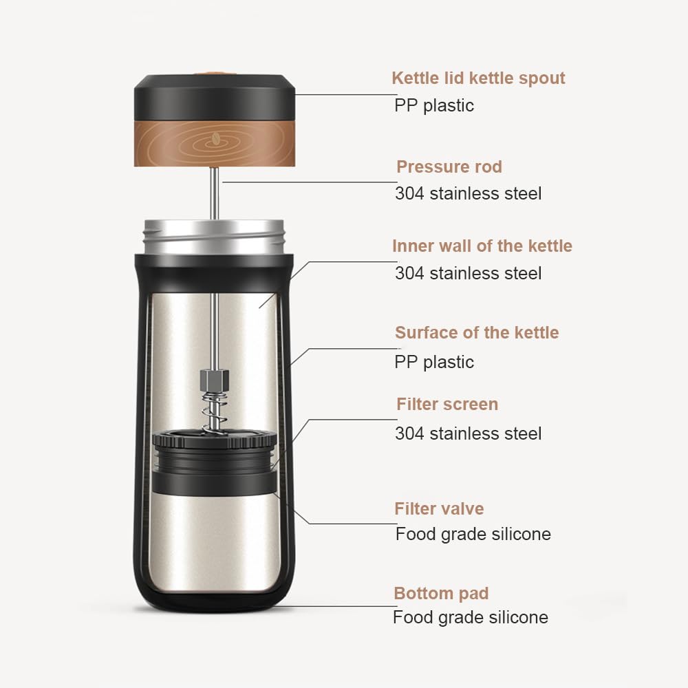 Hosioe Travel French Press Coffee Maker with 2-Layer Filter Mesh, Double-Walled Stainless Steel Vacuum Insulated Coffee Maker Cup for Coffee and Tea,