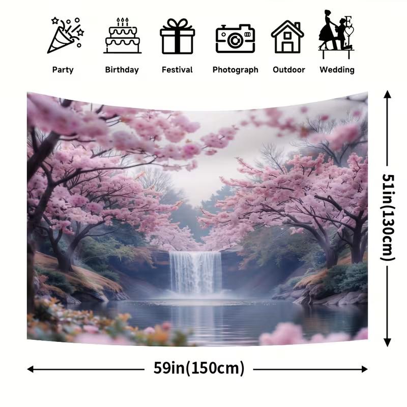 2D Sakura Waterfall Backdrop Cherry Blossom Lake Background