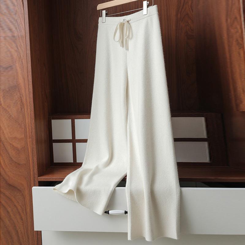 Pantalones holgados de lana con cintura alta y sensación de caída para mujer de otoño e invierno, pantalones casuales de pierna ancha para mujer, pantalones de lana de punto para pasar el rato