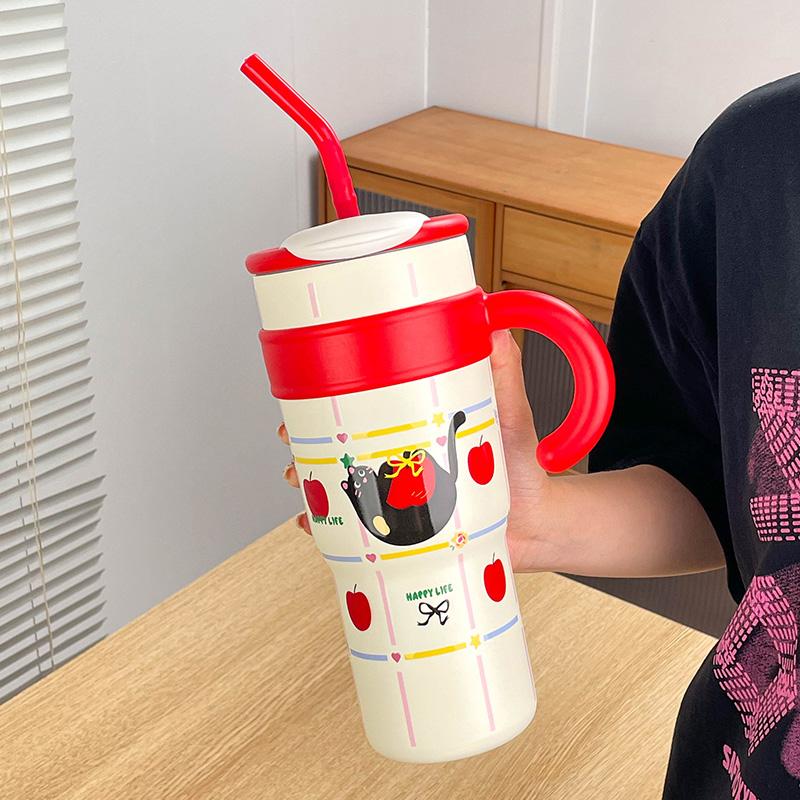 700ML/1.2L Tumbler med Håndtak Lokk Sugerør Søt Katt termokopp Rustfritt Stål Vannflaske Utendørs Reise Bil Kaffekopp Gave