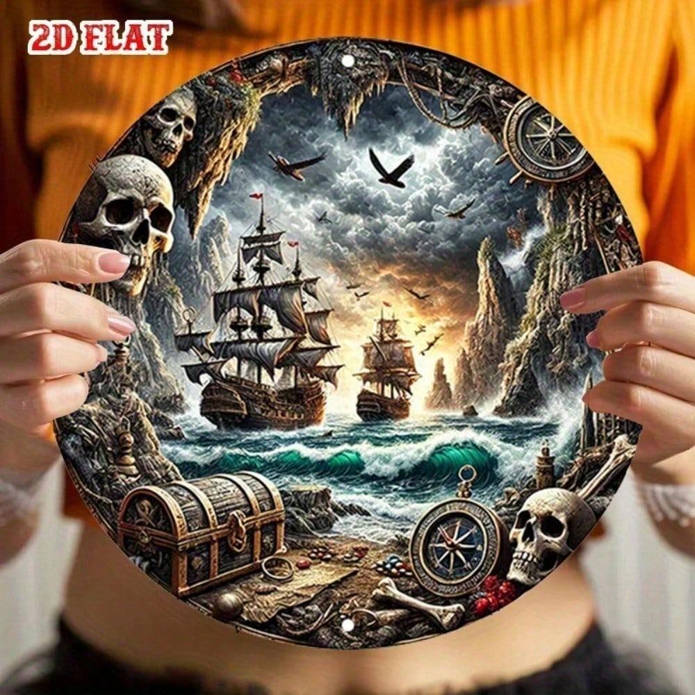 Vintage Rustic Aluminum Pirate Ship Wall Art Home Bar Garage Skull Treasure Map Metal Sign