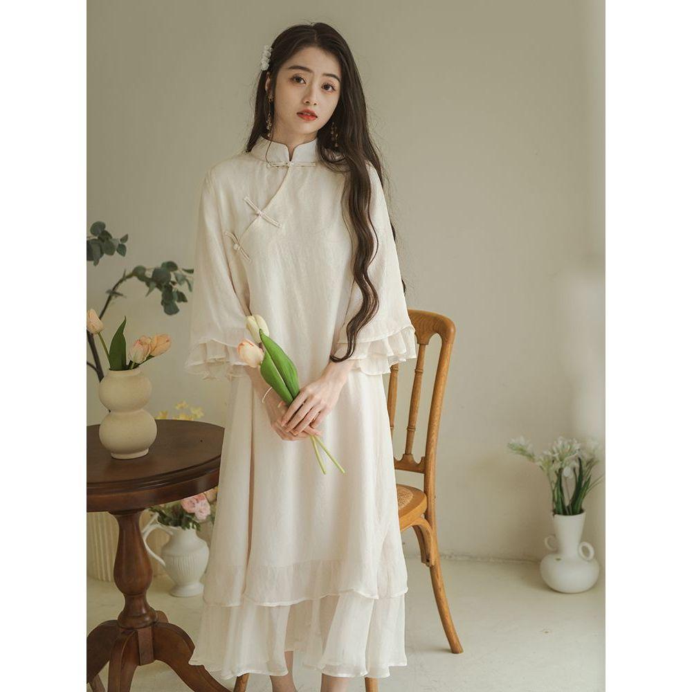 Sweet And Gentle Chinese Style Improved Embroidered Vest Ruffled Cheongsam Skirt Suit