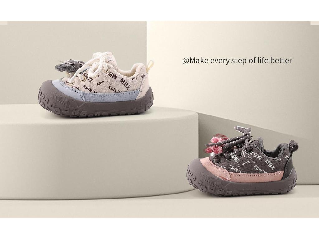 Spring 2026 Girls’ Soft Sole Walker Shoes - Non-Slip, Closed-Toe with Bow Detail