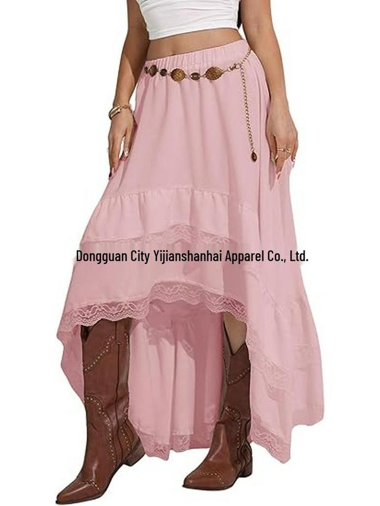 2026 Bohemian Style Printed Waist-Cinched Retro Short Skirt with Elegant Long Lace Design