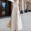 Abito midi elegante da donna, a maniche corte, con colletto alla coreana, monopetto, tinta unita, vestibilità larga, linea ad A, lungo, da ufficio