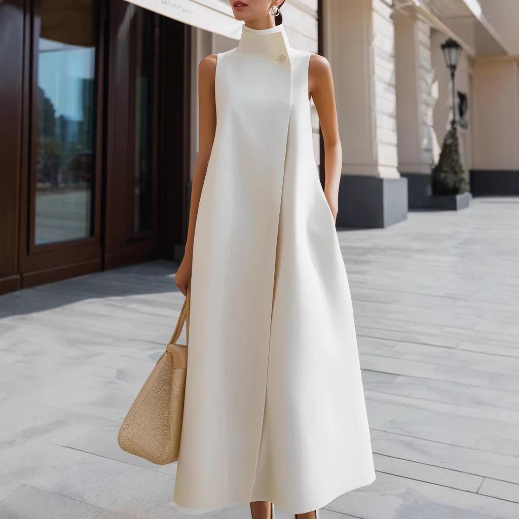 Abito midi elegante da donna, a maniche corte, con colletto alla coreana, monopetto, tinta unita, vestibilità larga, linea ad A, lungo, da ufficio