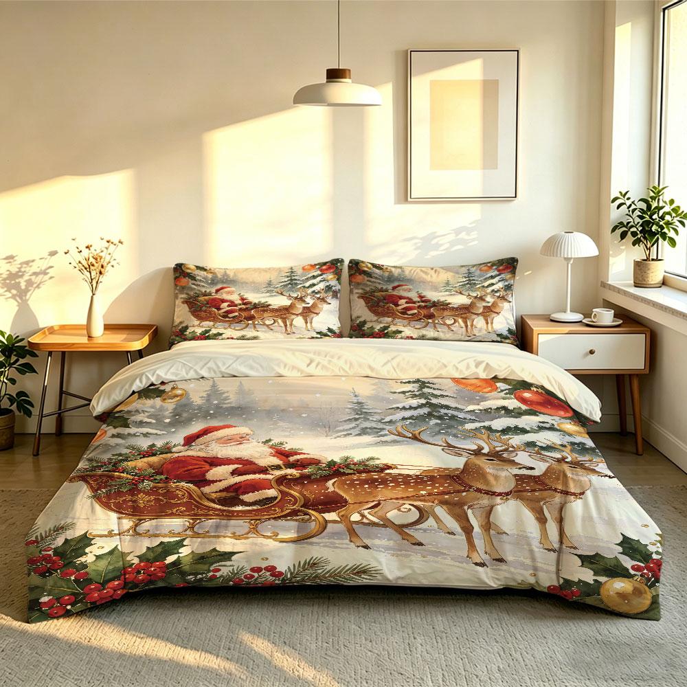 Vintage Christmas Santa Sleigh Reindeer 3Pcs Duvet Cover Set Winter Holiday Festive Farmhouse Bedding Set