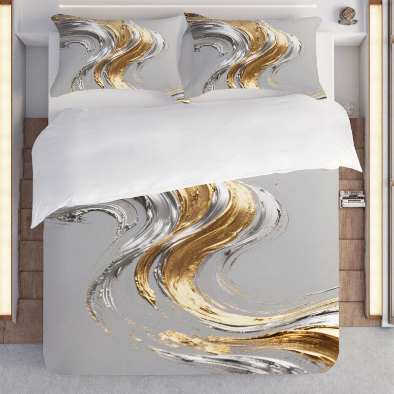 Pillowcase Quilt Cover 3-Piece Bedding Gold Silver Abstract Metal Brushstrokes Decorative Pattern