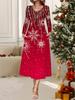 Nuovo Vestito Casual Moda Donna Autunno Inverno 2025 Stampa Fantasia Fiocco di Neve 3D Manica Lunga Scollo a V Linea ad A Vestiti Regalo di Natale