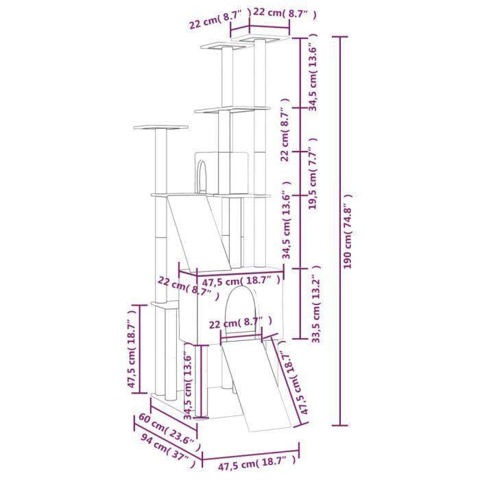 171649 vidaXL Arbre à chat avec griffoirs en sisal Gris clair 190 cm
