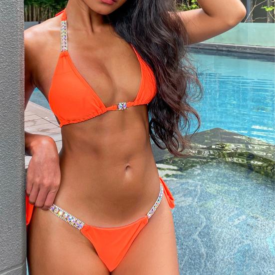 2 Pcs/Set Swimwear Set Rhinestone Halter Neck Lace Up Backless Bikini Set for